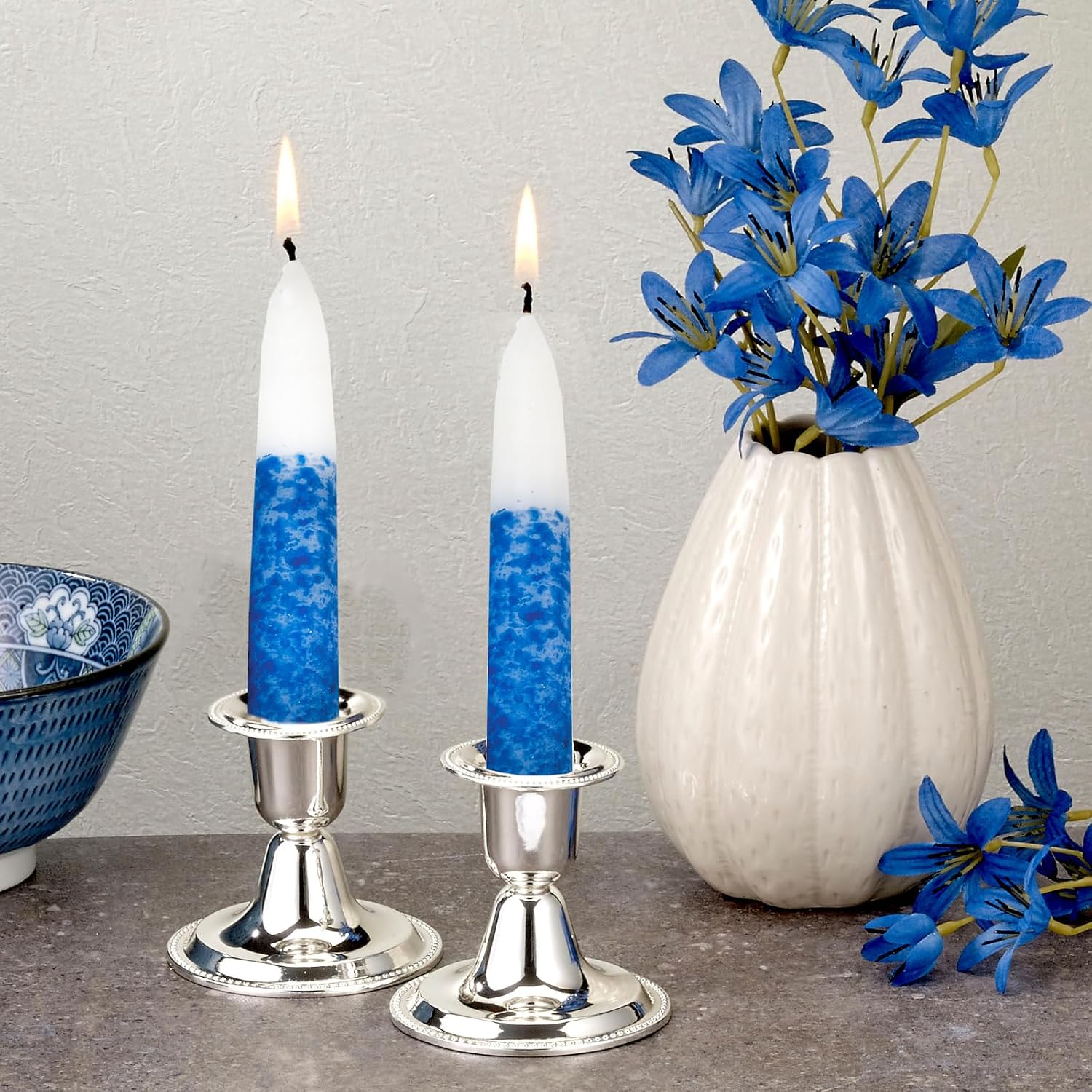 Rite Lite Blue & White Shabbat Candles Premium 12 Pack Traditional Dinner Table Jewish Household Shabbos Candles Religious Home Decor with Beautiful Gift Box & Artistic Card