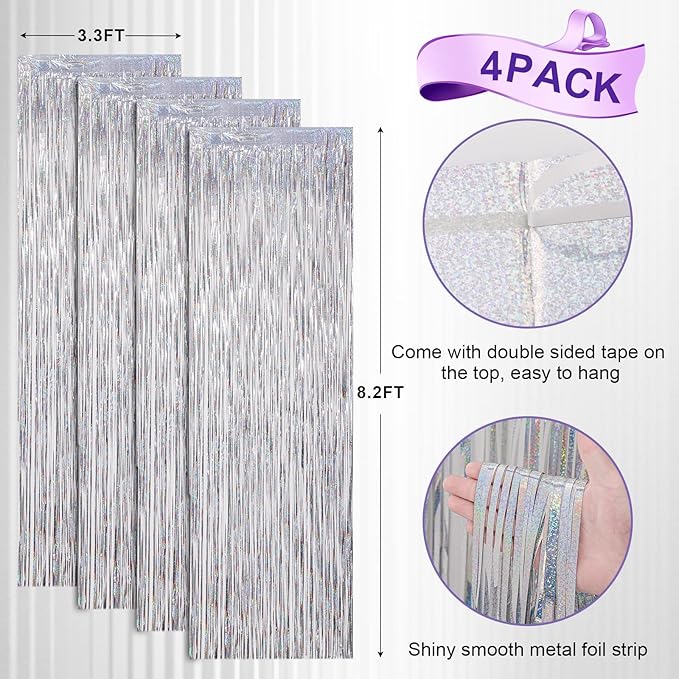 4 Pack Laser Silver Foil Fringe Backdrop Curtains, Tinsel Streamers Birthday Party Decorations, Fringe Backdrop for Graduation, Baby Shower, Gender Reveal, Disco Party