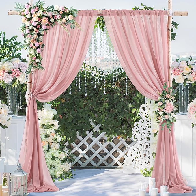 PARTISKY 10x7ft Dusty Rose Chiffon Backdrop Curtains, Wrinkle-Free Sheer Fabric Photo Drapes for Wedding Ceremony Arch Birthday Baby Shower Photography Stage Decor 5X 7ft, 2 Panel