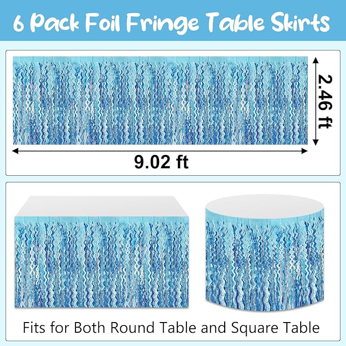 6Pack 29 x108 Inch Light Blue Wave Foil Fringe Table Skirts Metallic Banner for Tinsel Streamer Garland Backdrop for Parade Floats, Mother's Day, Easter, Graduate, Birthday, Wedding Party Decoration