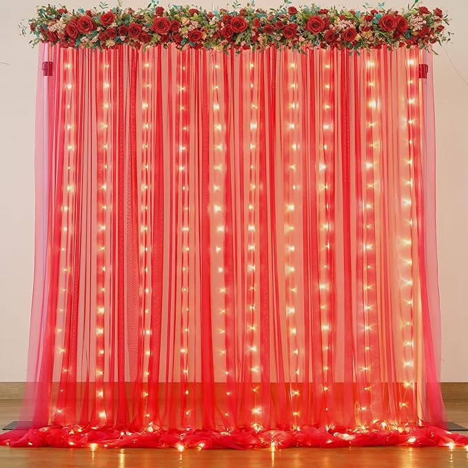 Red Tulle Backdrop Curtain with Lights String for Parites 10x10ft Wrinkle Free Sheer Backdrop Curtains for Birthday Party Bridal Shower Baby Shower Christmas Wall Photo Booth Background Decorations