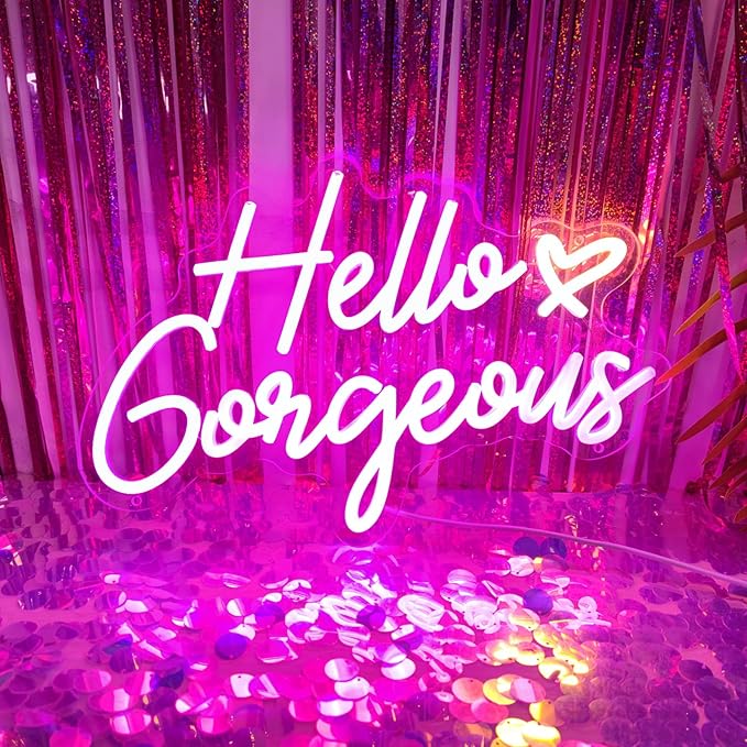 Hello Gorgeous Neon Signs Hello Gorgeous Wall Decor, Hello Gorgeous Bathroom LED Sign for Home Bar Wedding Birthday Backdrop Bacelorette Party, 15.7" x 10.3"