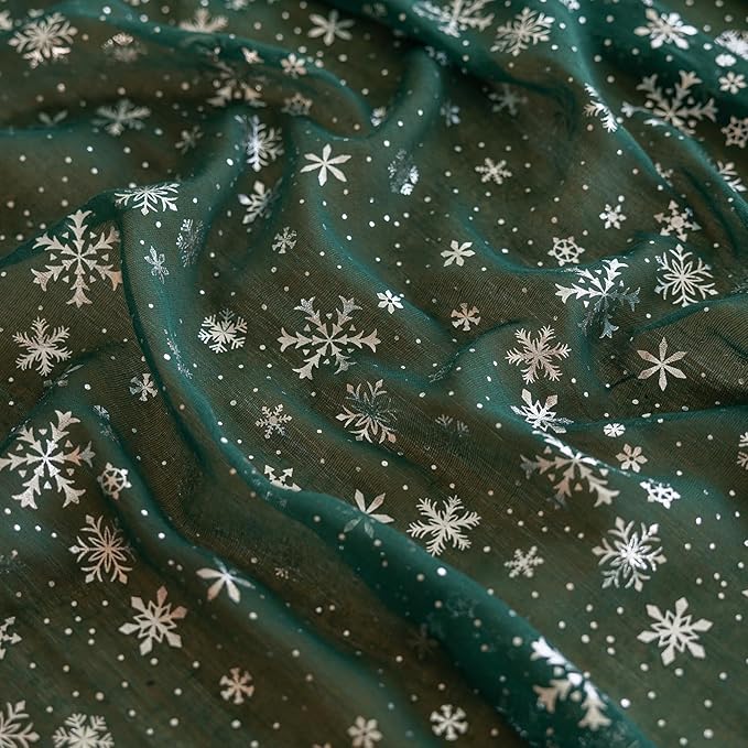 Silvery Snowflake Metallic Print Tulle Christmas Table Runner, Seasonal Winter Kitchen Dining Table Decoration for Home Party Decor 35x120 Inch (Green)