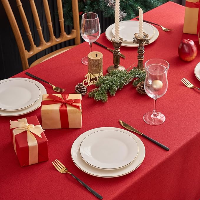 NLMUVW Red Linen Tablecloth Rectangle, Christmas Table Cloth Water Resistant Textured Table Cover for Kitchen Dining Coffee Party, 54 x 96 Inch
