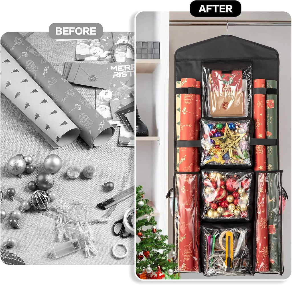 Christmas Wrapping Paper Organizer Storage, Hanging Gift Bag Storage Organizer, Double-Sided Wrapping Paper Holder Storage - Black