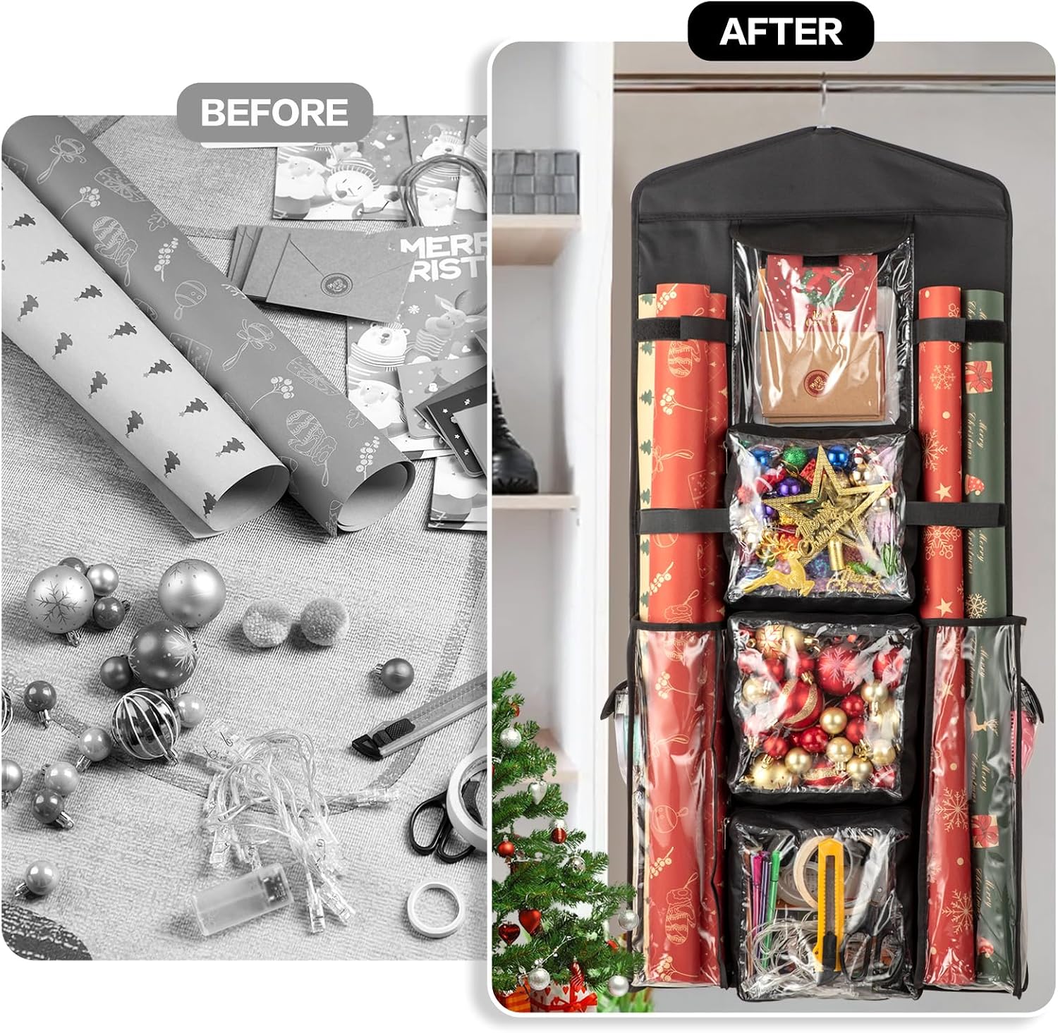 Christmas Wrapping Paper Organizer Storage, Hanging Gift Bag Storage Organizer, Double-Sided Wrapping Paper Holder Storage - Black