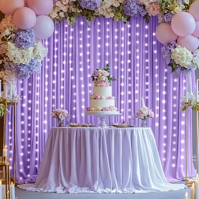 Lavender Backdrop Curtains with Lights for Parties,10x10FT Wrinkle Free Polyester Wedding Photo Backdrop Curtains for Baby Shower Birthday Ceremony Reception Home Party Decorations-5ft x 10ft,2 Panels