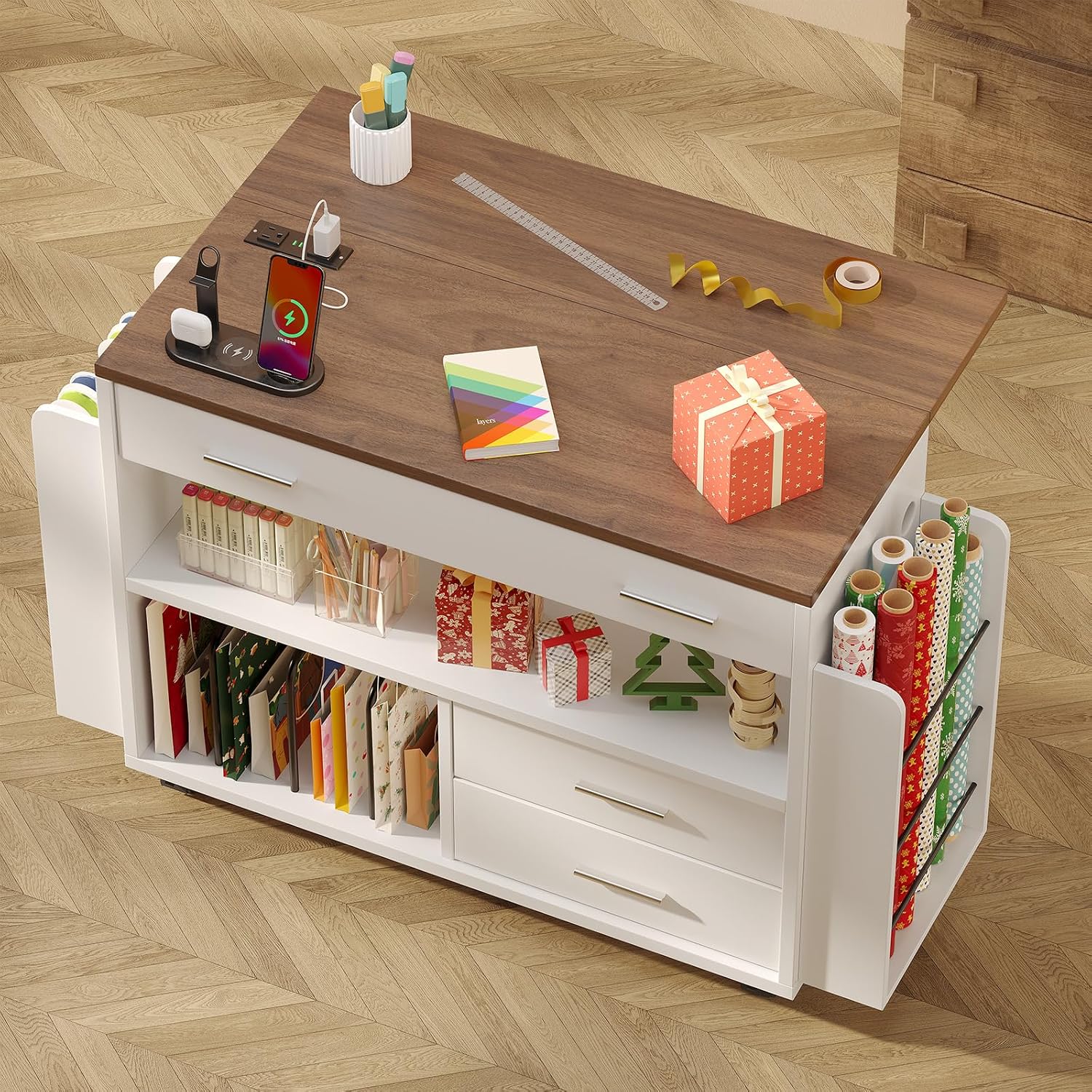 Wrapping Paper Storage Cart with Foldable Drop Leaf, Crafting Table with Power Outlets, Wrapping Paper Organizer with Ribbon & Gift Bag Storage, Rolling Gift Wrap Storage Station