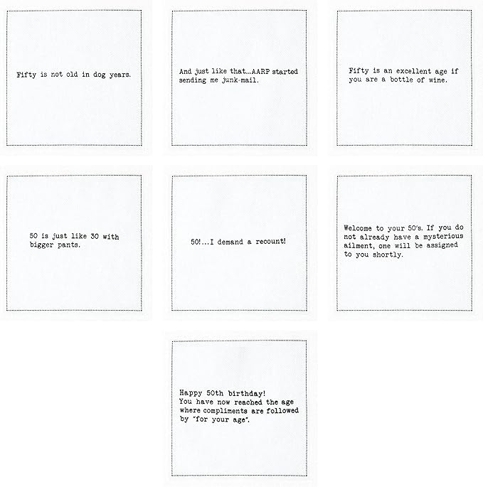 Five Star Napkins 50th Birthday Quotes White Cotton Cocktail Napkins, Beverage Napkins, Bar Napkins, Cloth Napkins, Party Napkins, Events, Holidays, Weddings, Birthdays, Disposable, 4.5" x 4.5"- (50x)