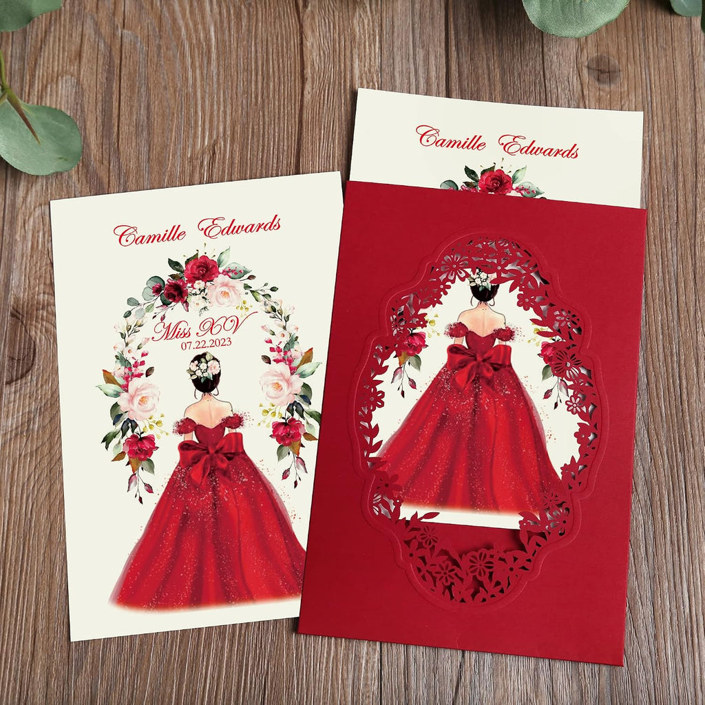 DORIS HOME 50Pcs Personalized Laser Cut Wedding Invitations, Red | 5"x7.3", Customized Quince Invitations, For 15th Birthday, Sweet 16, With Envelopes