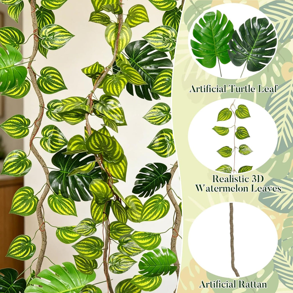 artificial tropical palm leaves with rattan vines &, close-up detail