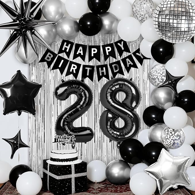 28th Birthday Decorations for Men Women, Black Silver Happy Birthday Party Decorations， 28 Year Old Party Supplies with Number 28 Balloons, Banner, Fringe Curtains Kit