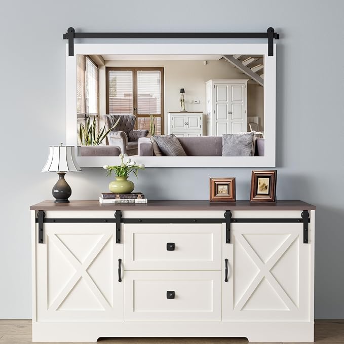 COGOOD Farmhouse Bathroom Mirror - 49 x 30 Large Rectangle Barn Door Mirror for Vanity, Bedroom, Living Room Wall Decor (Pure White)