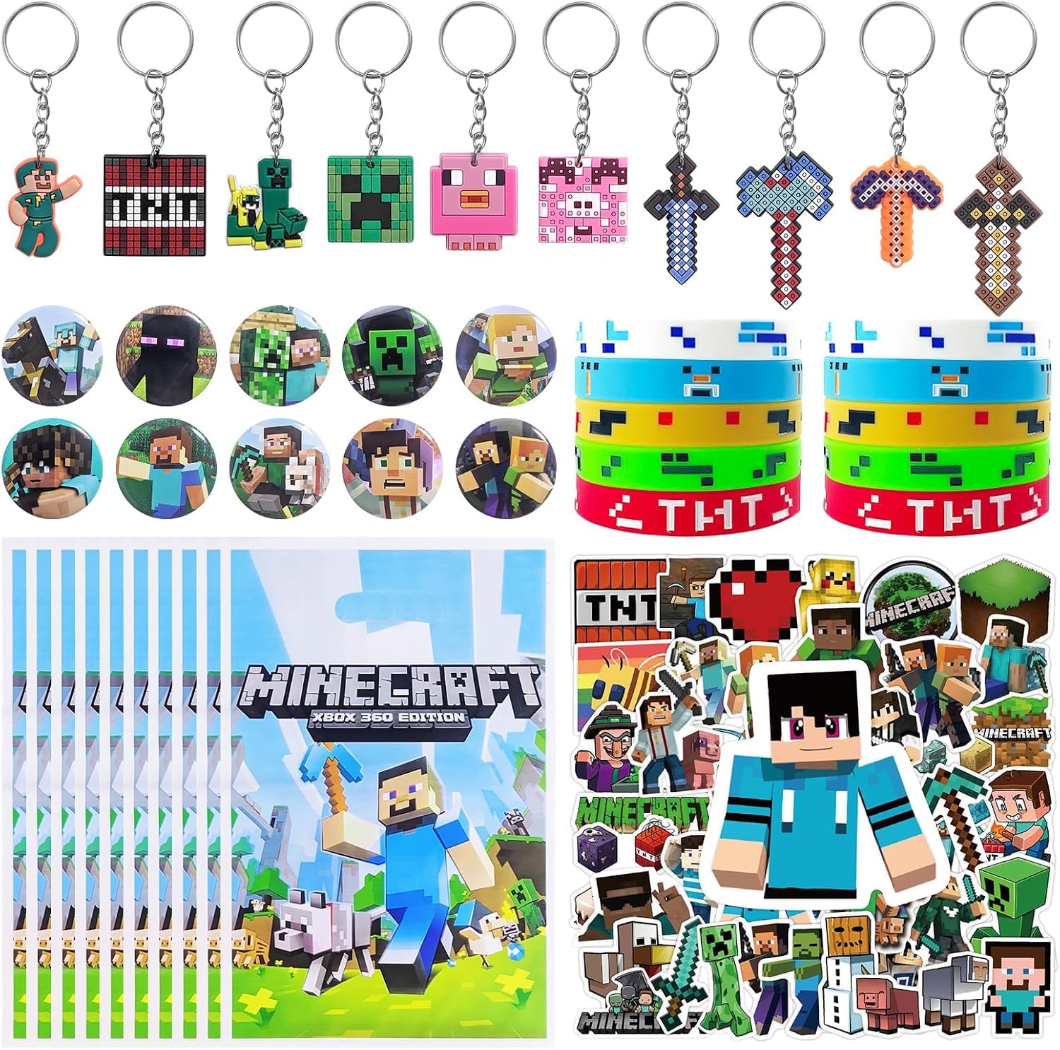 For Pixel Style Birthday Party Supplies, 90pcs Party Favors for , Includes 50 Stickers, 10 Gift Bags, 10 Wristbands, 10 Keychains, 10 Badges.