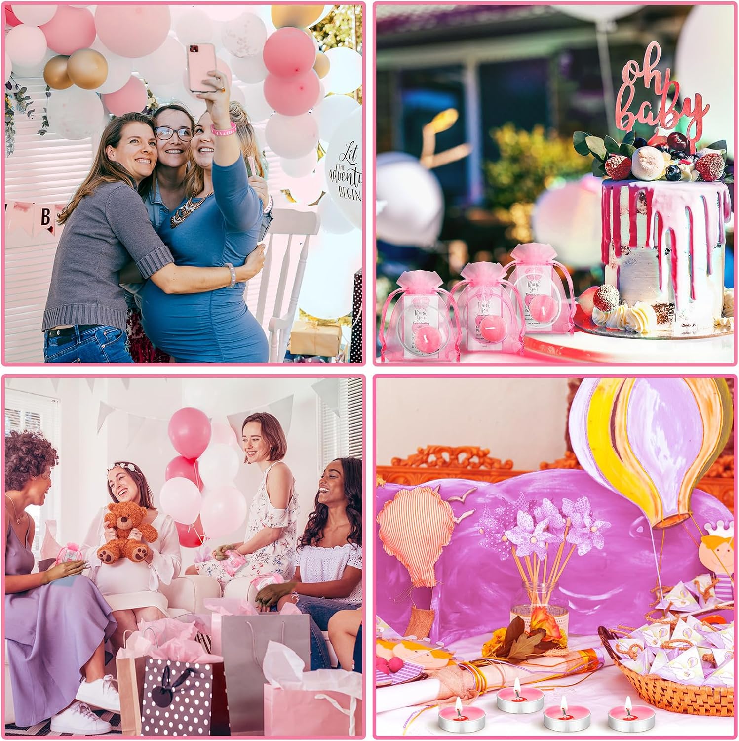 MTLEE 50 Sets Baby Shower Favors Tea Light Candles for Guests Cute Baby Shower Decorations with 50 Cards and 50 Organza Bags and 50 Silicone Bracelets for Boys Girls Gender Reveal (Pink,Cute)