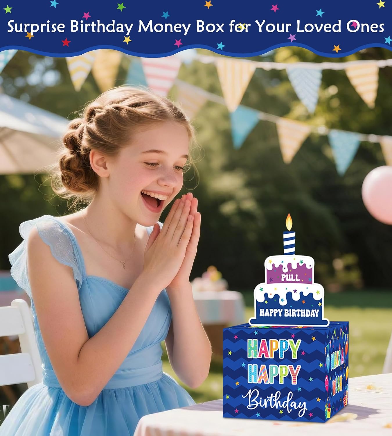 Birthday Money Box for Cash Gift Pull, Surprise Gift Boxes for Money, Money Holder Box with Pull Out Happy Birthday Card and 50Pcs Transparent Bags, Money Gift Ideas for Kids and Adults