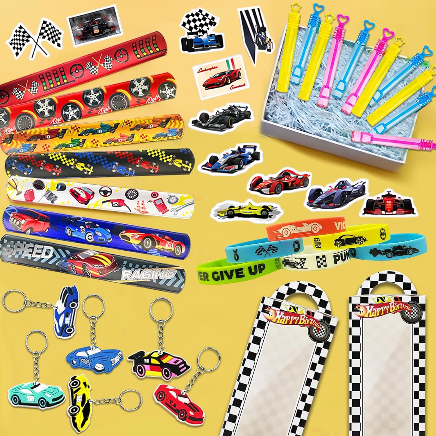 120PCS Race Car Party Favors Set, Car Birthday Decorations Including Slap Bracelets, Keychains, Gift Bags, DIY Stickers,Racing Glasses ,Bubble Wands, Race Car Birthday Supplies