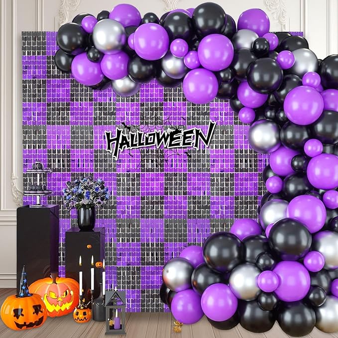 12PCS Black Purple Shimmer Wall Backdrop, Square Sequin Photo Backdrops Panel, Glitter Wall Background for Birthdays, Weddings, Christmas, Engagements, Halloween Party Decor (3FTx4FT)