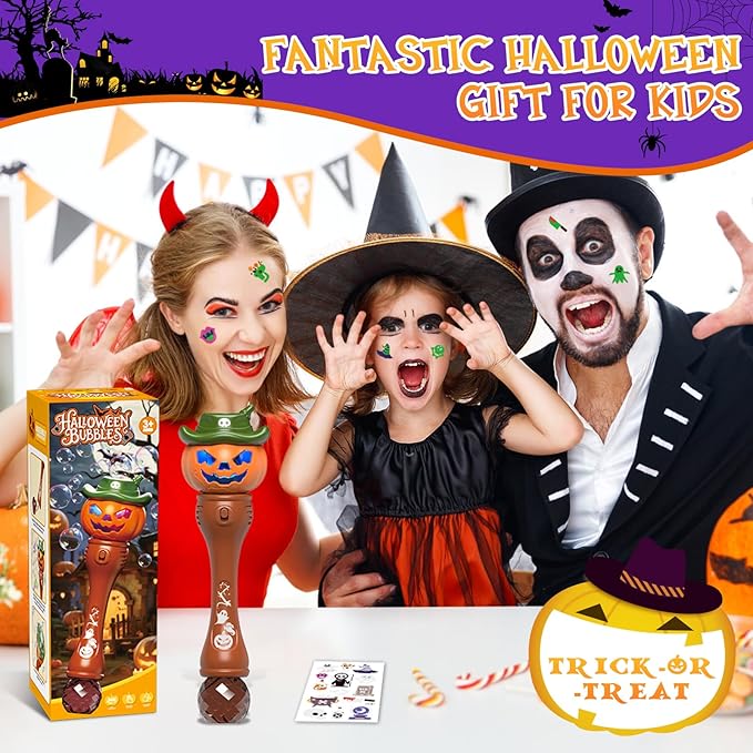 Halloween Bubble Machine Wand for Kids, Light up & Music Pumpkin Bubble Wand-1 Temporary Tattoos and 5 Bubble Solution, Halloween Boo Basket Stuffers for Toddlers Boys & Girls 3 4 5 6 7 8 + Years Old