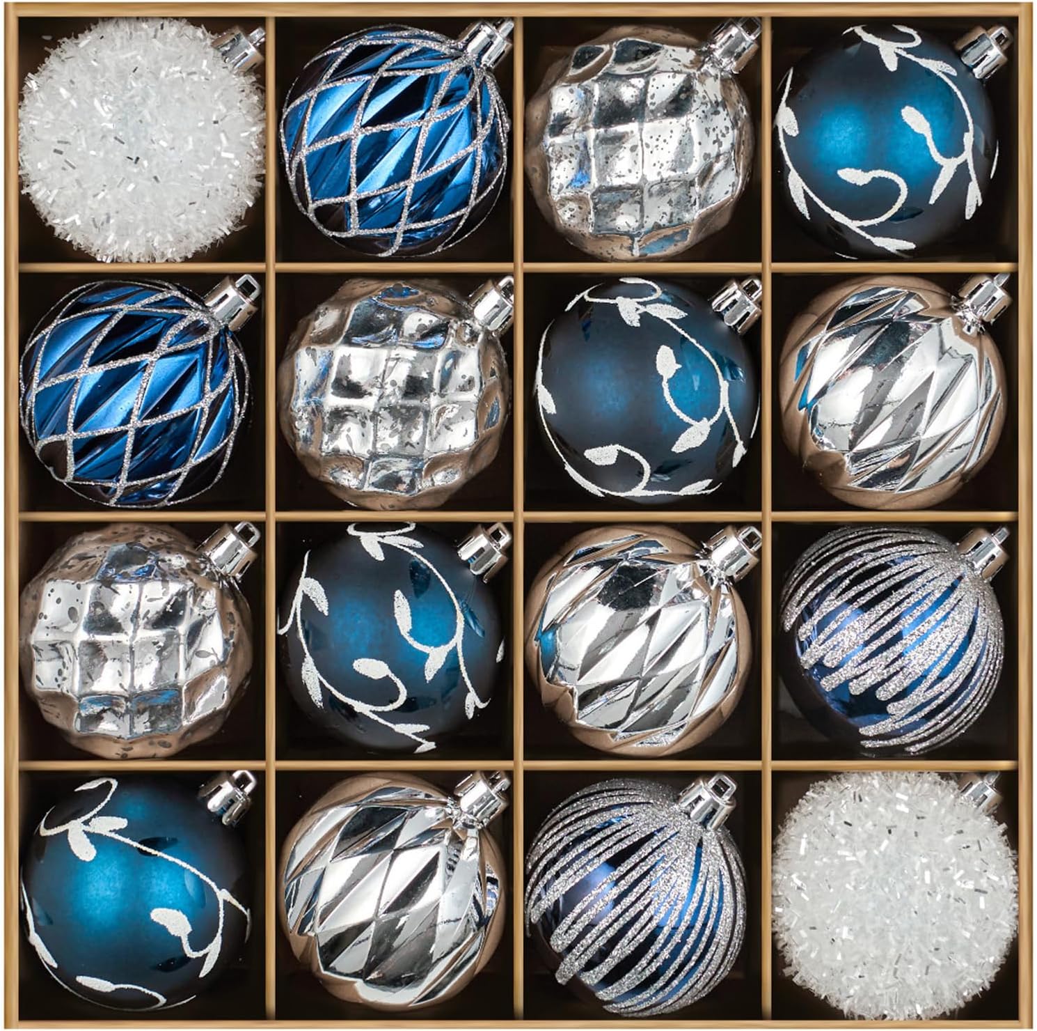 JORNOY Blue and Silver Christmas Ornaments Set, 16ct Shatterproof Christmas Ball Ornaments Bulk for Xmas Decorations - 2.36 inch Plastic Decoative Hanging Ornaments for Xmas Tree Decor (Blue & Silver)