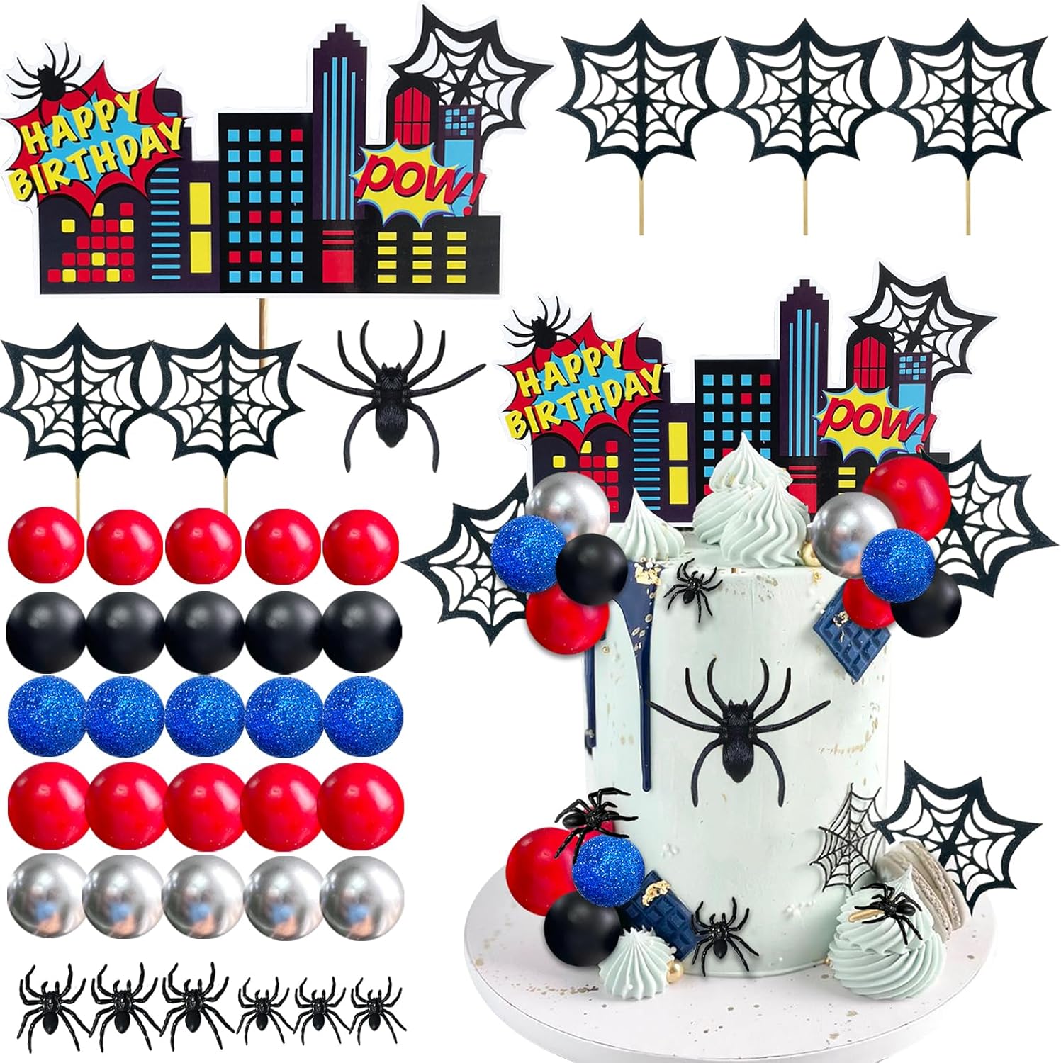 38pcs Spider Cake Topper Balls Cake Decorations Spider Web Cake Decor with Black Red Silver Glitter Blue Balls Spider City Theme Happy Birthday Topper for Boys Men Baby Shower Party Supplies