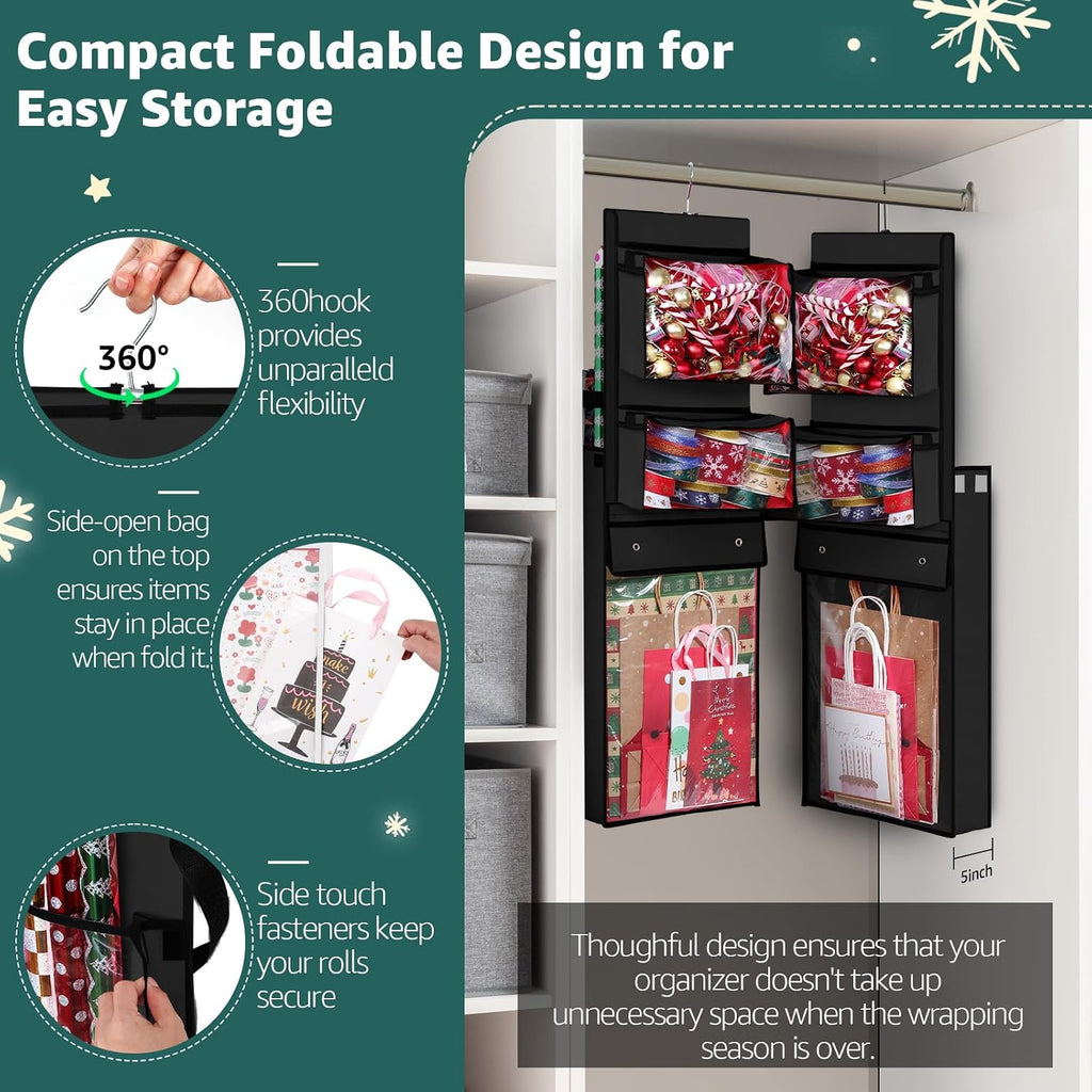 Woodoulogy Wrapping Paper Organizer Storage, Double-Sided Hanging Gift Wrap Roll Holder for Christmas, 63"x13" Over Door Present Bag Container for Room Closet, Black Wrapper Station for Birthday