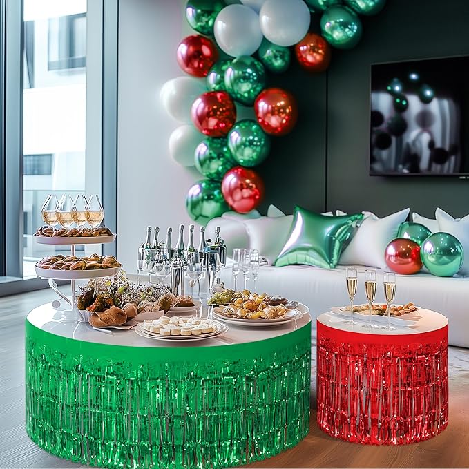 2 Pack Red Green Table Skirts, 29x108" Metallic Foil Tinsel Fringe Table Skirt for Rectangle Tables Streamer Curtains Backdrop, Party Decorations for Birthdays, Weddings, Holidays