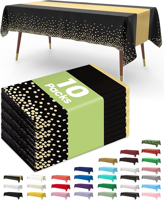Pureegg Plastic Table Cloth Disposable 10 Pack, 54 x 108 Inch, Table Runner Style, Graduation Decorations 2025, Party Tablecloths, Rectangle, Plastic Cover, Leakproof & Sturdy, Black Gold