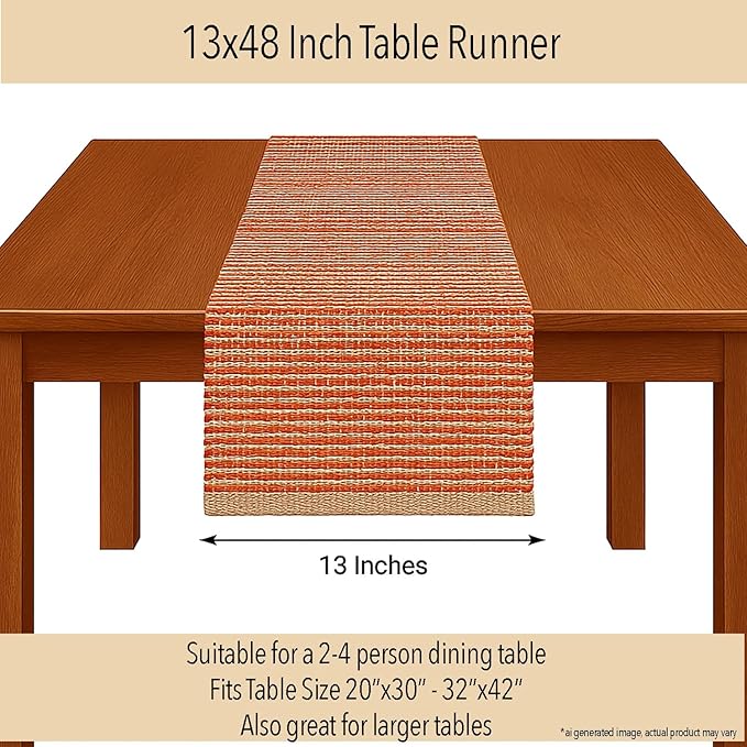 Chardin home Natural Jute Table Runner 13x48 Inch – Vintage Boho Rustic Table Decor – Handwoven Table Runner in Natural Jute and Rust Orange – Farmhouse Dining or Console Table Accent