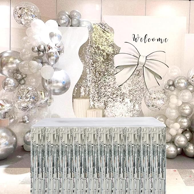 Silver Streamers Party Decorations, 2 Packs Silver Table Skirts Metallic Foil Fringe Tinsel for Birthday Disco Bachelorette Baby Shower Wedding Graduation Float Parade Party Supplies - 29x108 Inch