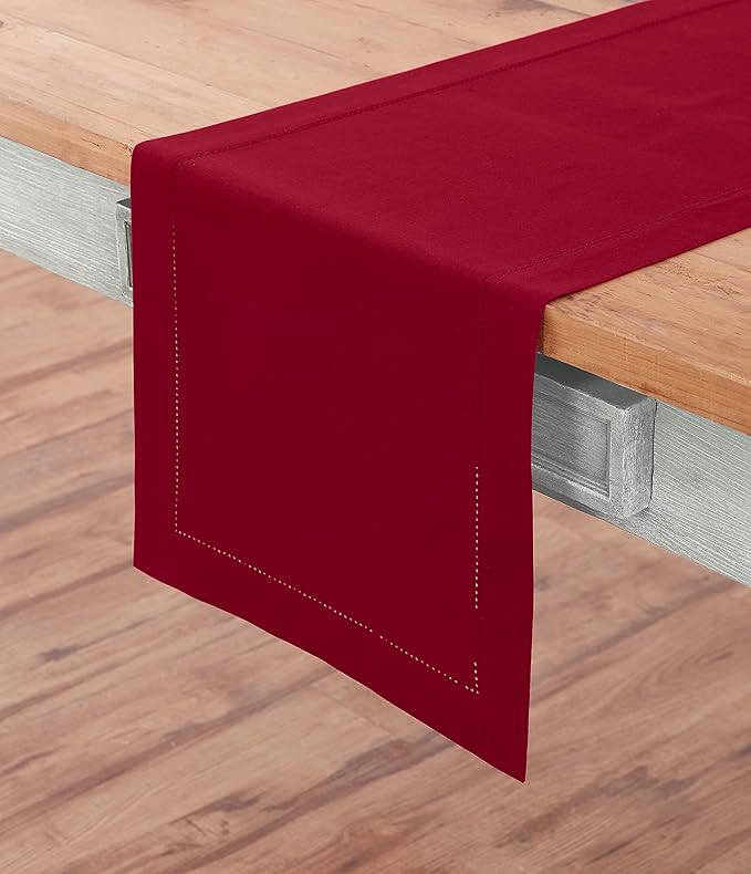 Solino Home Red Hemstitch Table Runner 60 Inches - Cotton Linen Small Table Runner 14 x 60 Inch Ideal for Dresser and Coffee Tables - Fall, Autumn, Halloween, Christmas, Holiday