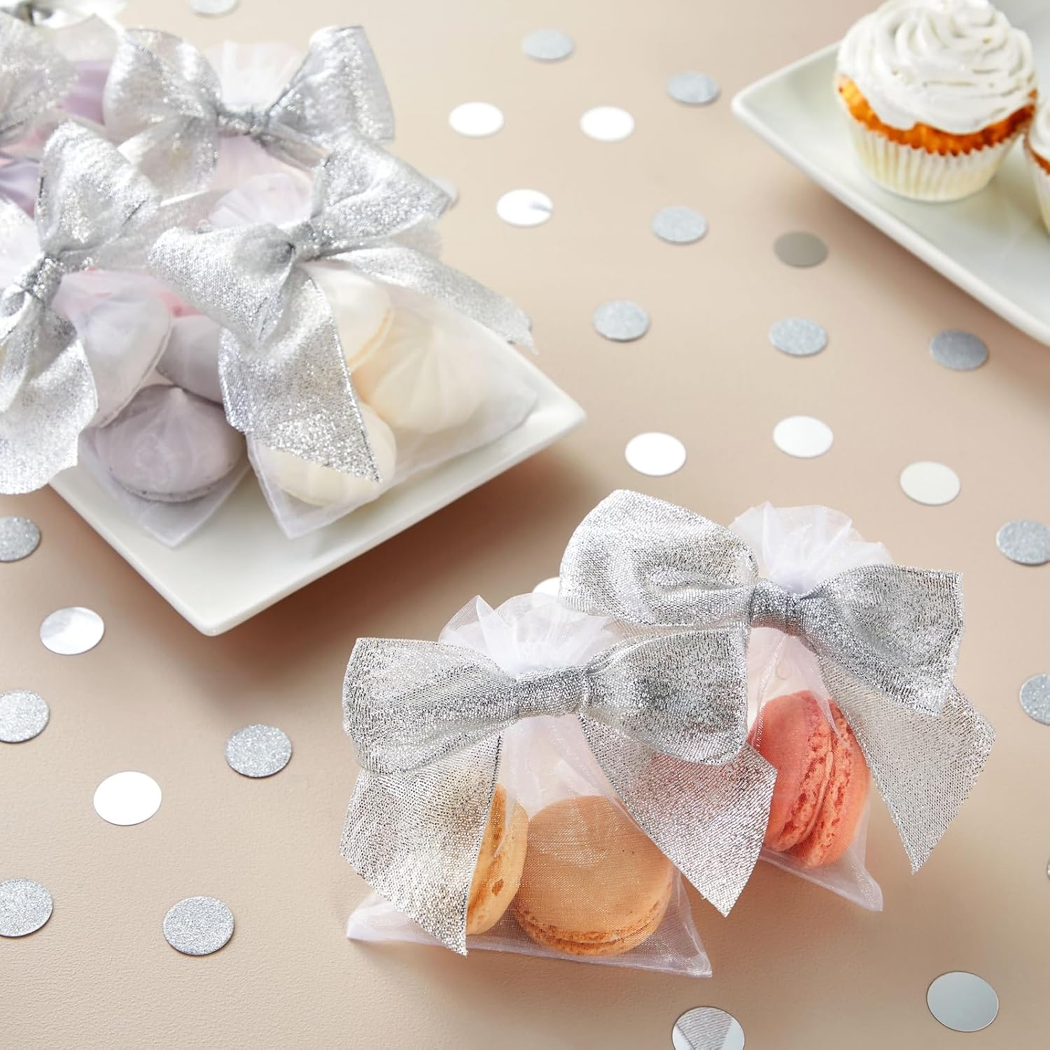 Bright Creations 36-Pack Mini Organza Twist Tie Bows - 4x3 Inch Silver Organza - Premade for Treat Bags & Gift Wrapping - Metallic Treat Bag & Craft Bows