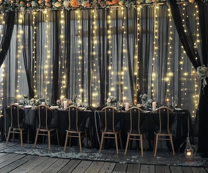 Black Tulle Backdrop Curtain with Lights String for Parites 20ft×8ft Black Sheer Backdrop Curtains for Baby Shower Wedding Bridal Shower Birthday Party Photo Shoot Decorations(4 Panels 5×8ft)
