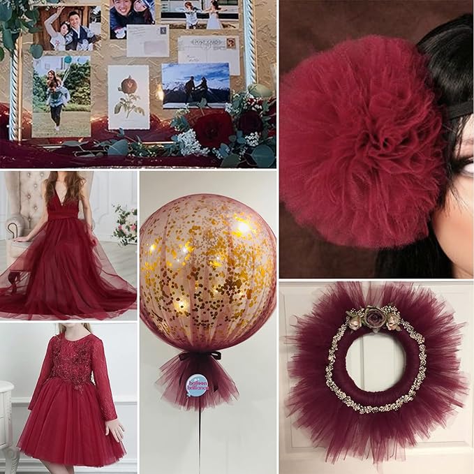 Burgundy Tulle Fabric Rolls 6 Inch by 100 Yards (300 feet) Fabric Spool Tulle Ribbon for DIY Burgundy Tutu Bow Baby Shower Birthday Party Wedding Decorations Christmas Craft Supplies