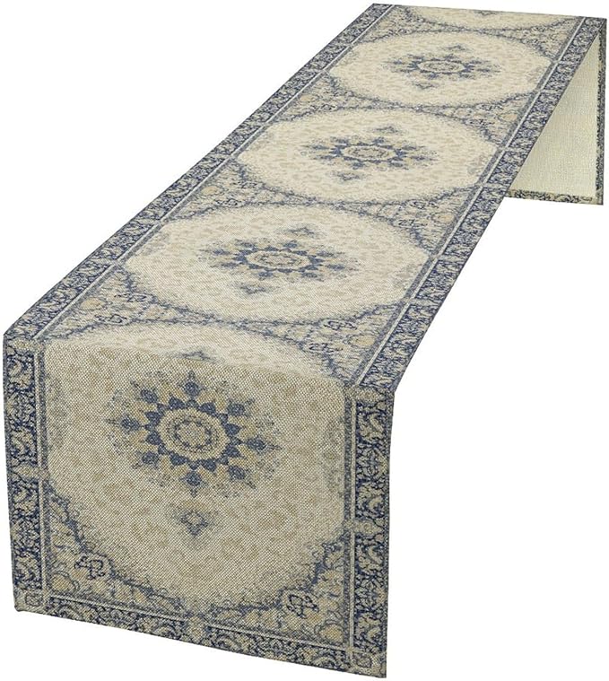 Boho Bohemia Style Table Runner, Vintage Blue Gold Retro Flower Rustic Country Style Floral Print Pattern for Home Kitchen Table Decor Dining Coffee Room Garden Party Decor 13x90in