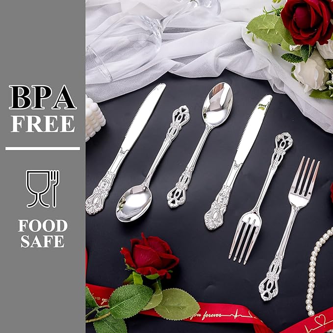 200PCS Silver Plastic Cutlery - Vintage Silver Disposable Silverware - Heavyweight Plastic Utensils with 100 Forks, 50 Knives, 50 Spoons For Catering, Parties, Dinners and Weddings