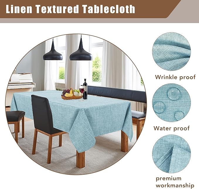 Fitable Faux Linen Tablecloths Rectangle 60 x 120 Inch - 2 Pack Waterproof Table Clothes for 8 Foot Tables, Turquoise Flax Look Kitchen Table Covers for Farmhouse, Dining, Party, Banquet, Buffet