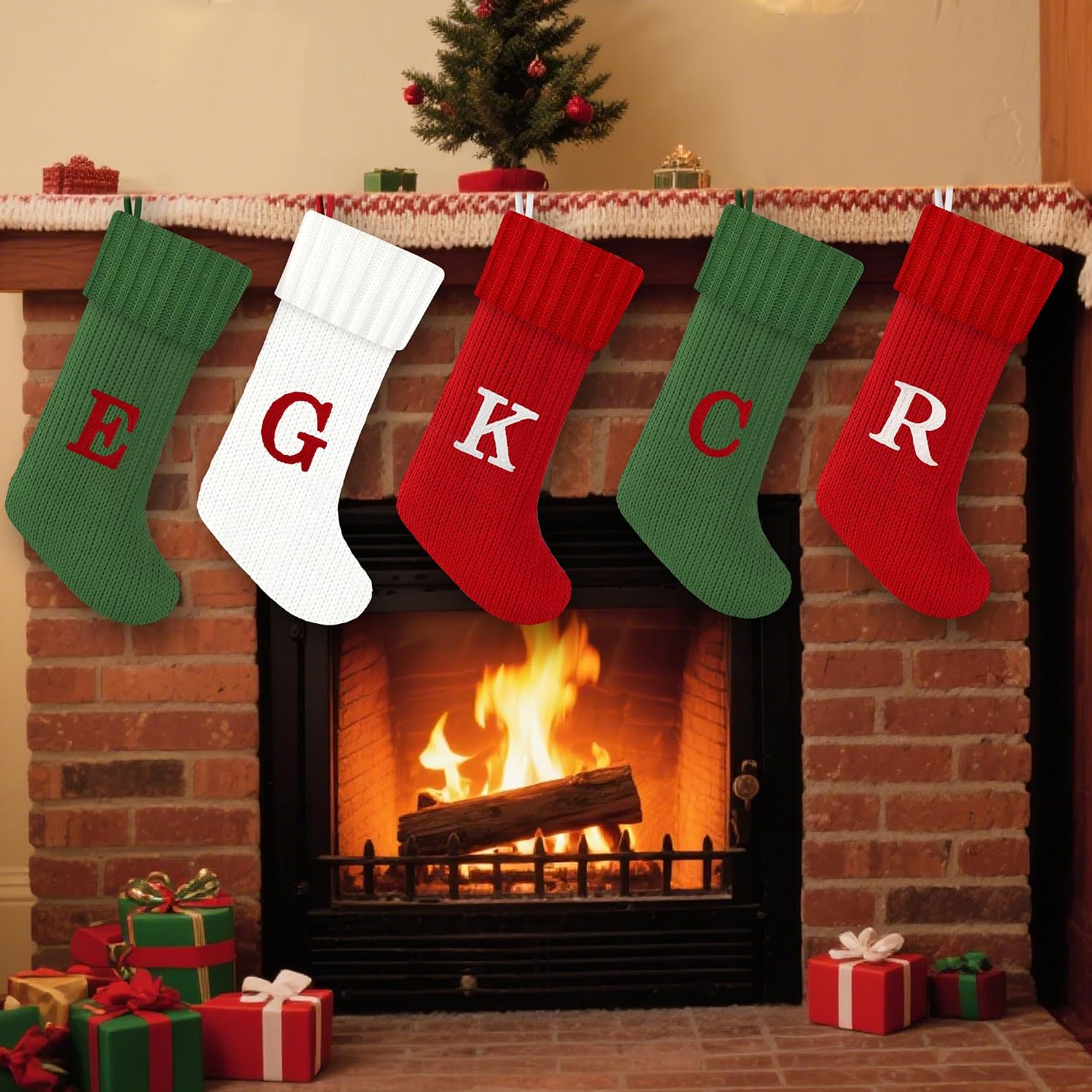 Christmas Stockings with Initials, 20 Inches Knitted Green Christmas Stockings with Monogram, Large Cable Knitted Stockings for Fireplace Holiday Family Party Decor(Green,J)