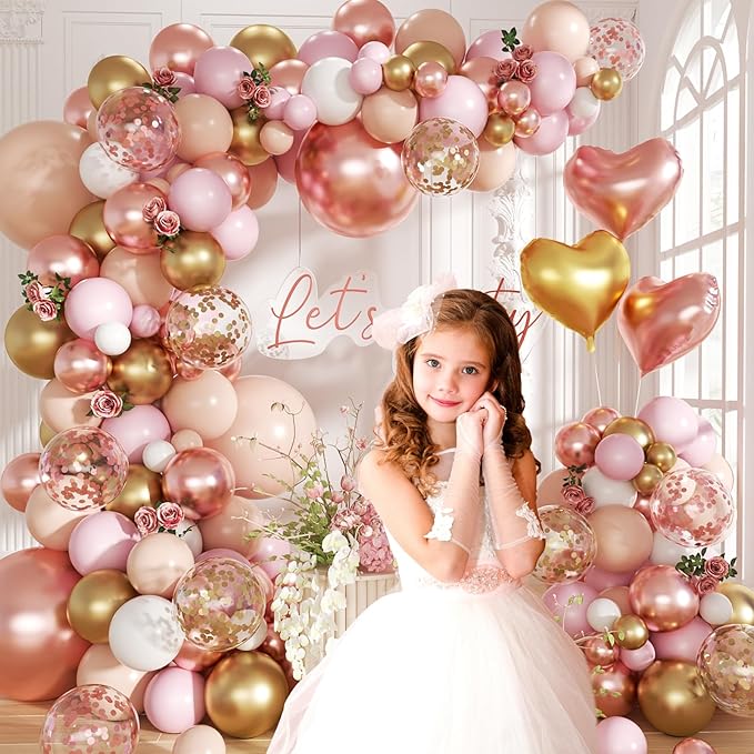 Rose Gold Balloon Garland Arch Kit, 140Pcs Nude Pastel Pink Metallic Gold White Balloons Gold and Rose Gold Confetti Balloons with Heart Foil Balloon for Wedding Bridal Birthday Party Decorations