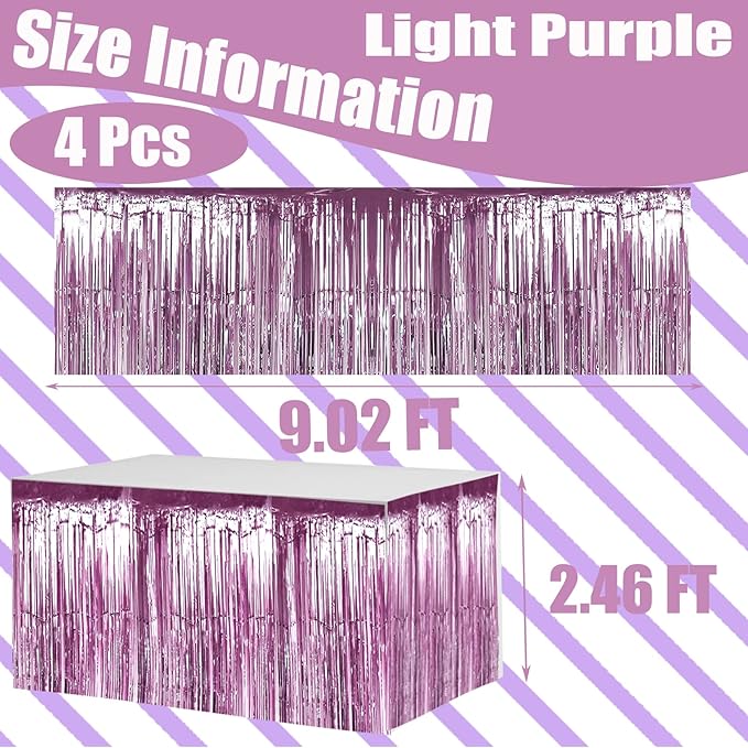 4 Pack 29x108 Inch Metallic Foil Fringe Tinsel Table Skirts for Rectangle Tables Streamer Backdrop for Wedding, Birthday, Parade Floats, Christmas, Halloween Party Decoration(New Light Purple)