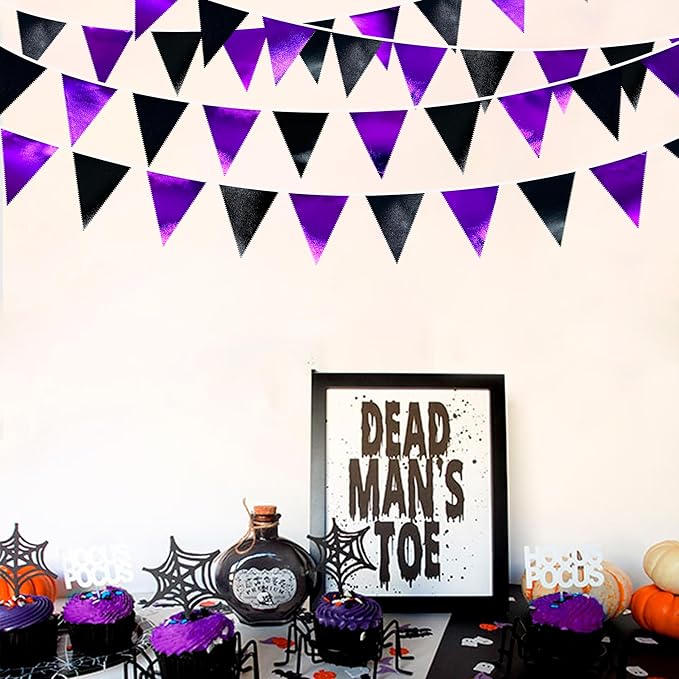 Purple and Black Party Decorations Metallic Fabric Triangle Pennant Banner Flag Bunting Garland for Graduations Birthday Retirement Wedding Baby Shower Bachelorette Halloween Outdoor Party Supplies