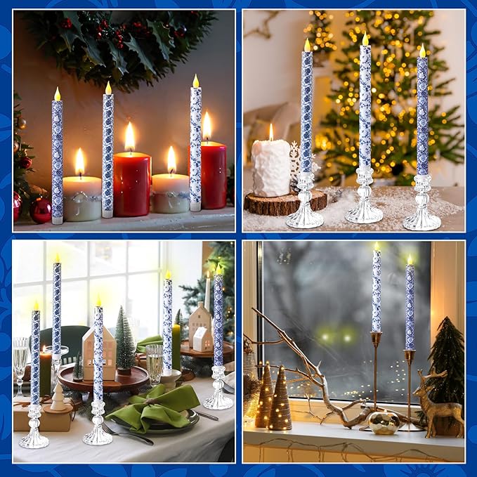 Baquler 6 Pcs Christmas Chinoiserie Flameless Candles 10.6 Inch Blue and White Battery Operated Led Candlesticks Chinoiserie Decor for Christmas Centerpiece Xmas Party Decor Holiday Gifts