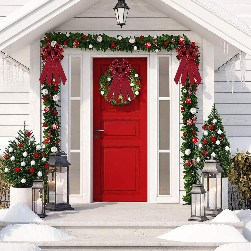 Yinkin 12 Pack Christmas Velvet Wreath Bows 11.4"x19.6" Large Christmas Tree Topper Bow for Winter Xmas Home Party Front Door Fireplace Stairs Railing Mailbox Decor (Wine)