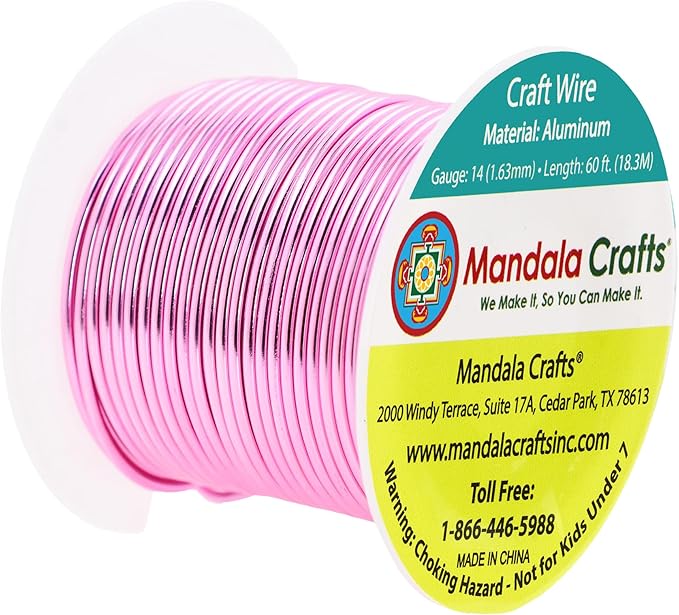 Mandala Crafts 14 Gauge Anodized Aluminum Craft Wire for Jewelry Making - 60 FT Colored Flexible Pink Wire - Bendable for Bonsai Armature Crafting Sculpting