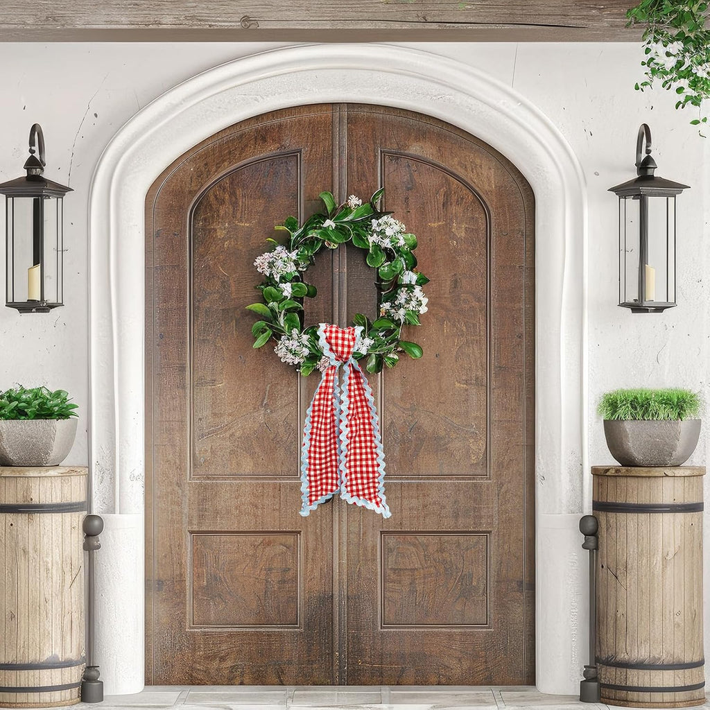 Wreath Sash for Front Door Red White Buffalo Plaid Wreath Satin Sash Blue Wave Garland Ribbon Accessories for Wreaths Yard Doorway Indoor Outdoor Bow Bridal Shower Home Decor,5.11 x 54.33