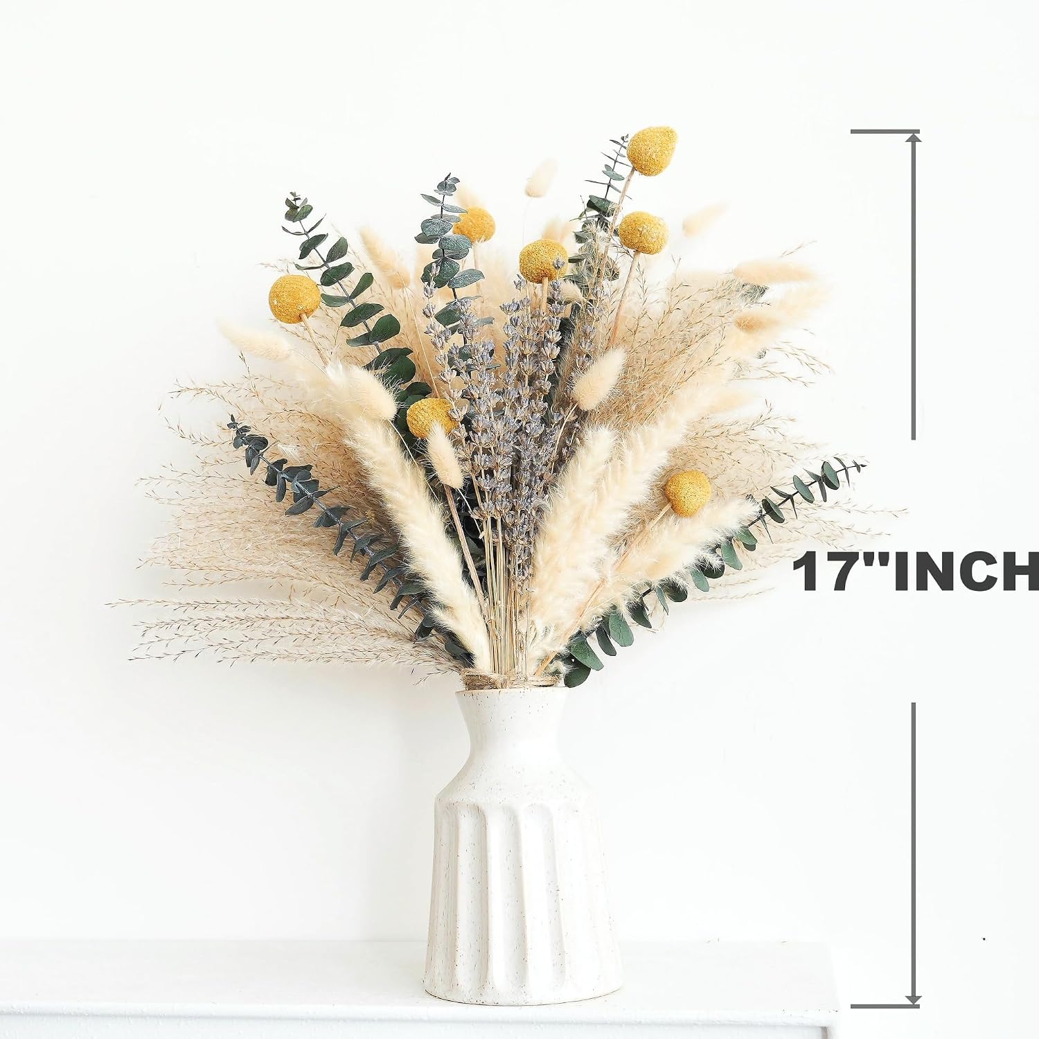500PCS Dried Pampas Grass Bouquet – Boho Dried Flowers for Vase, White & Brown Pampas, Bunny Tails, Eucalyptus, Wheat & Lavender – Natural Floral Decor for Home, Wedding, Baby Shower &Photoshoot Props