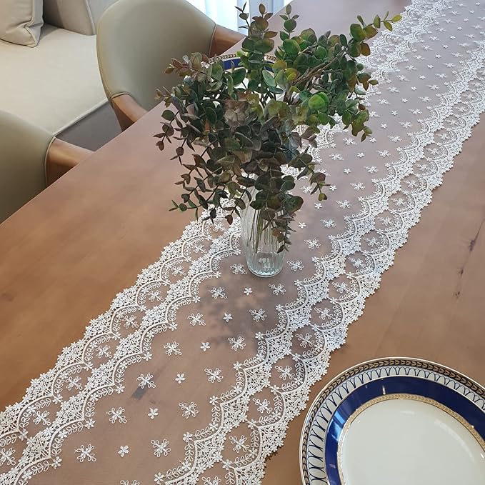 Inicia Table Lace Runner 12×50 inch Embroidered for Holiday Wedding Picnic Daily Dinner Tables White Decor (Polyester, 12"×50" (31cm×130cm))