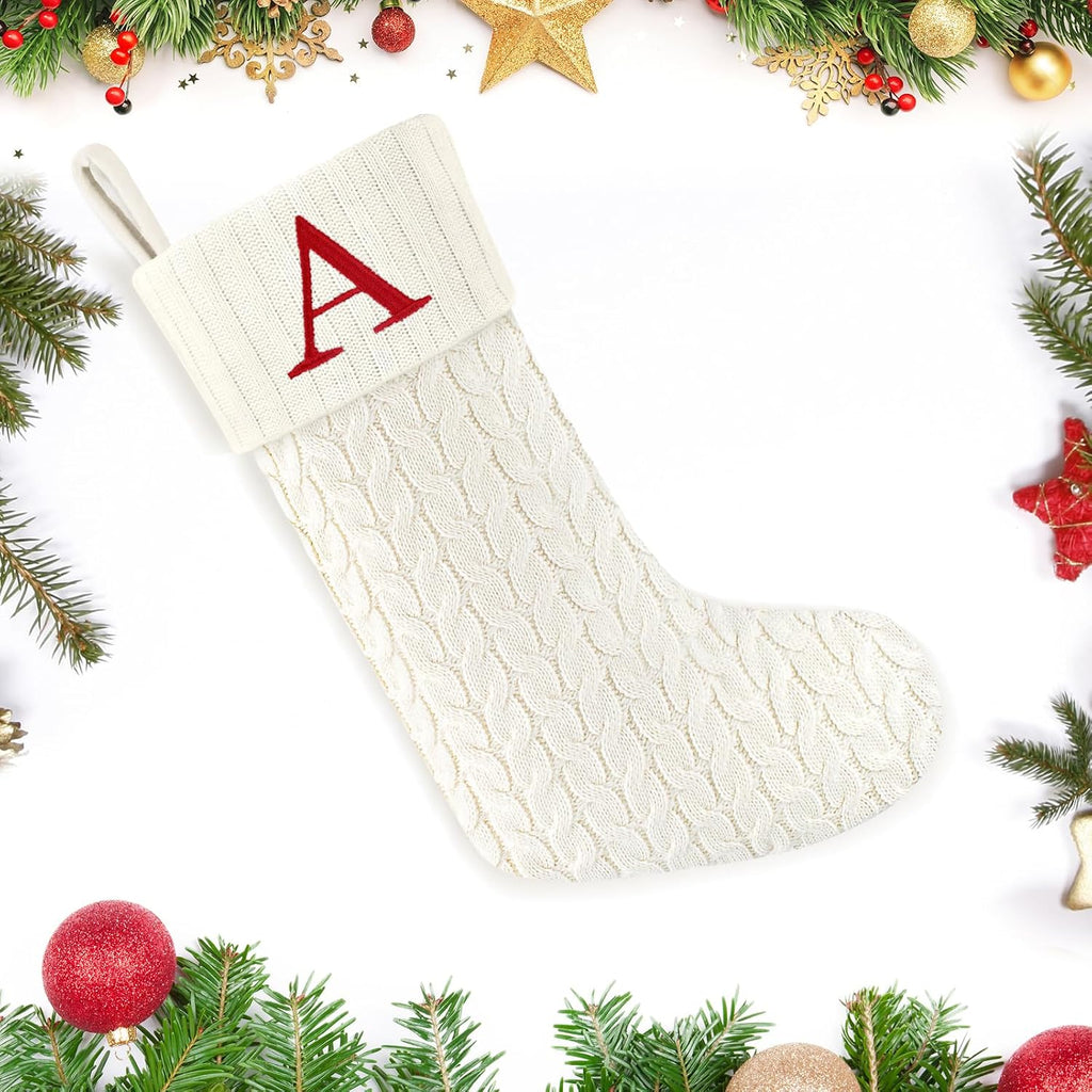 20 Inches Christmas Stockings with Initials,Knit Embroidered Letter White Christmas Stocking,Monogram Christmas Stocking for Famliy Holiday and Xmas Tree Fireplace (Letter-J)