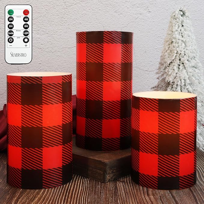 Silverstro Christmas Red Flameless Candles: Farmhouse Theme Flickering Real Wax Buffalo Check Decorative Candles with Remote - Home Party Bathroom Room Christmas Decorations - Set of 3