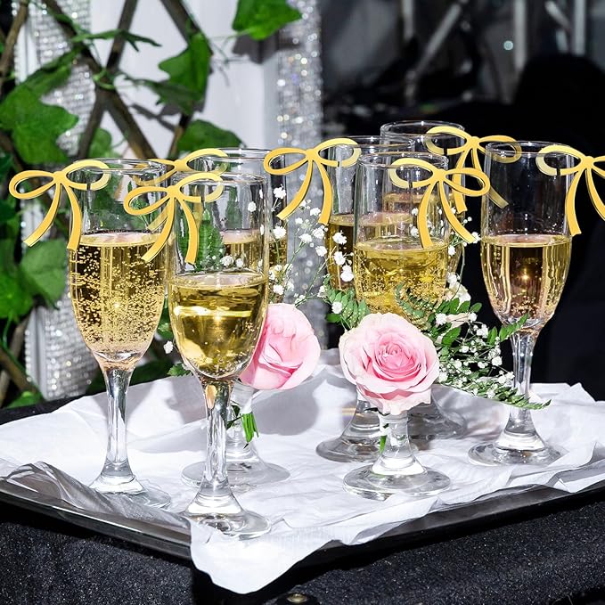 50 Pcs Bows Drink Tags Coquette Bow Wine Glass Charms Acrylic Bowknot Drink Tag for Bachelorette Birthday Wedding Coquette Tasting Party Decor Accessory(Gold)